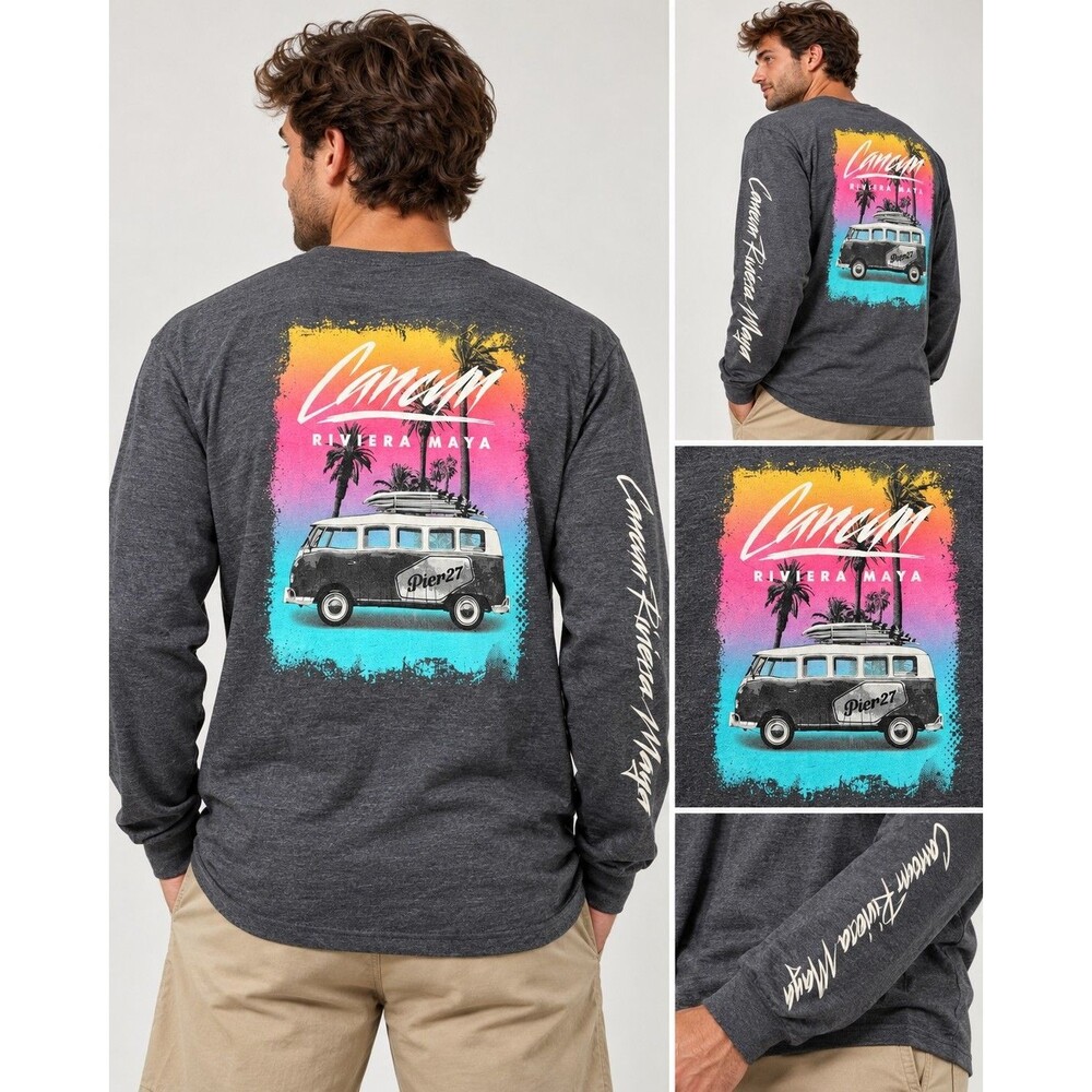 Pier 27 Cancun Riviera Maya Men’s XXL Gray Long Sleeve Graphic T-Shirt VW Bus...